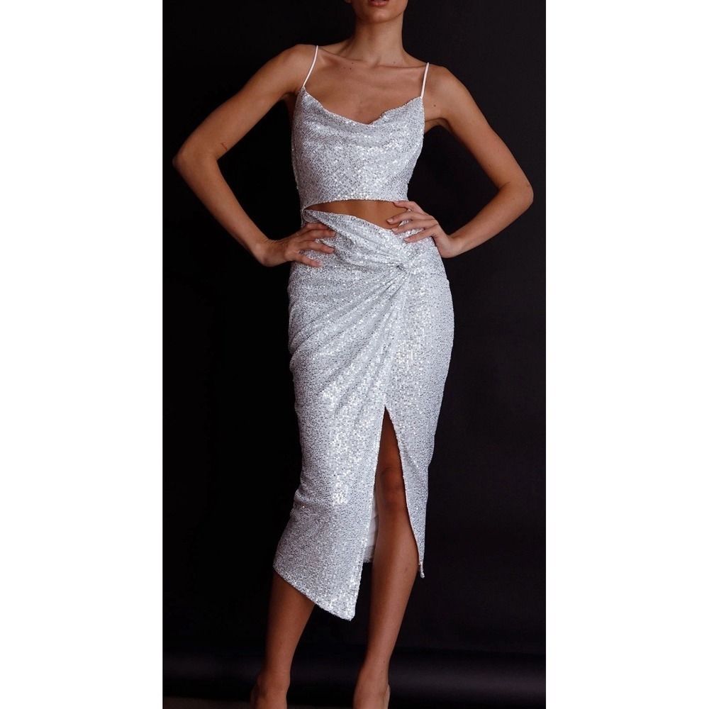 Selfie Leslie Miami Nights Cowl Neckline Midi Dress Sequin Silver NWT XL